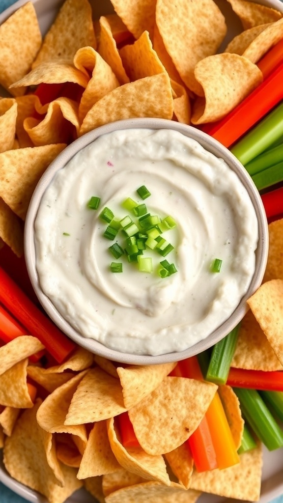 A bowl of creamy onion dip with chips and vegetables on a rustic table.
